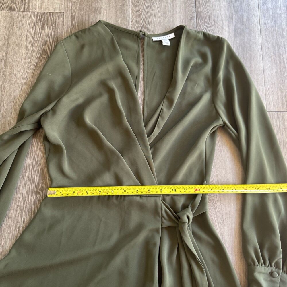 Topshop Wrap Over Olive Midi A-Dress Belted Knot Bishop Long Sleeves Sz 4 - Picture 4 of 15